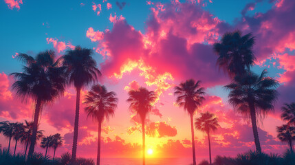 Obraz premium A beautiful sunset over a tropical beach with palm trees