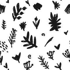 Trendy minimalism modern monochrome floral pattern Grunge, shabby texture elements Scandinavian motifs Vector seamless pattern