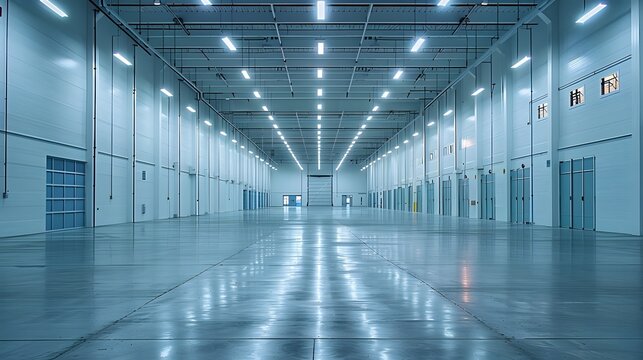 Empty Distribution Center with Bright Lights and Polished Floor