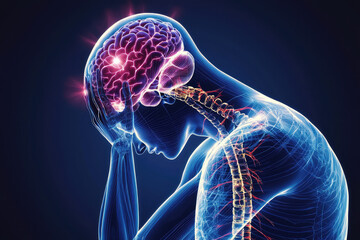 image depicts human figure with highlighted brain, illustrating nervous system and impact of conditions like Parkinsons disease. visual conveys sense of struggle and tension