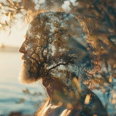 Double Exposure of Greek Philosopher with Mediterranean Sea and Olive Groves

