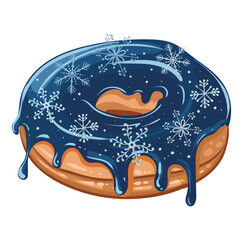 New Year fresh donut with snowflakes on glossy glaze. Vector isolated image. Sweet Christmas baking.