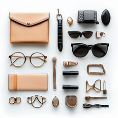 handbag sunglasses accessories fashion watch eyeglasses wallet jewelry makeup minimalist flat lay luxury items feminine accessories stylish sunglasses 