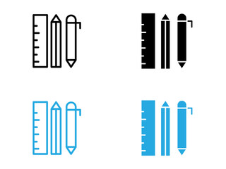 Ruler, pencil and pen icon black and white vector outline sign