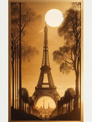 Imagine a Lang woodcut papyrus relief depicting a cyber-surreal interpretation of the Eiffel Tower and the surrounding Parisian cityscape