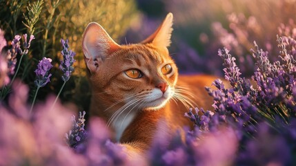 A serene orange cat resting among vibrant lavender flowers in a tranquil setting.