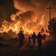 Emergency Responders Guiding Community Through Wildfire Evacuation with Firefighters in Action