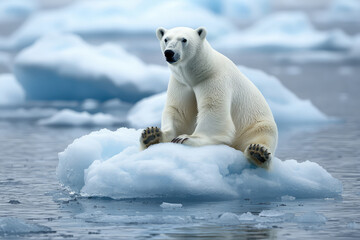 A polar bear sits on small ice floe, surrounded by melting ice in serene yet concerning environment. scene highlights impact of climate change on wildlife