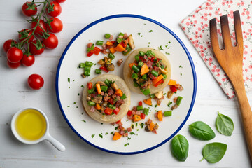 Baked onions stuffed with healthy vegetables. Top view table.