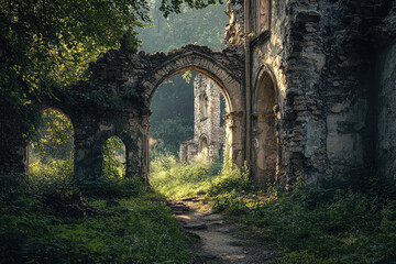 ruins of once grand castle now crumble and are overgrown with lush greenery, creating serene yet haunting atmosphere. Sunlight filters through arches, illuminating path ahead