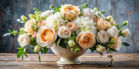 Fragrant vintage-inspired floral arrangement with soft peaches and creamy whites