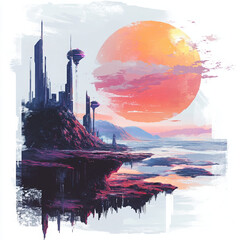 Obraz premium futuristic sunset cityscape landscape digital art mountains water fantasy sci-fi colorful sky skyline nature surreal twilight reflections abstract architecture 