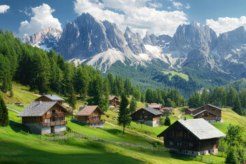 Fototapeta premium Scenic mountain village with chalets surrounded by lush greenery and majestic peaks. This picturesque landscape evokes sense of tranquility and natural beauty
