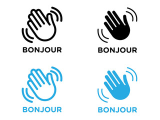 Bonjour text with hand wave icon black and white vector outline sign © Topline