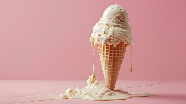 A tempting array of ice cream cones with  vanilla scoops, each topped with delicious treats, isolated on a pink background