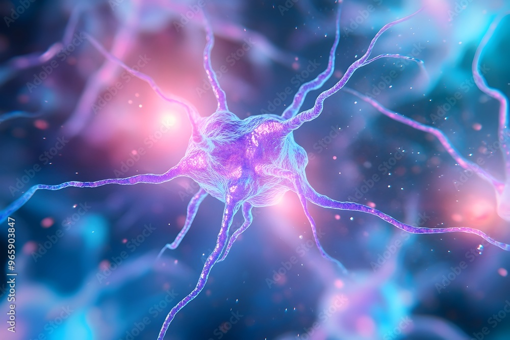 Aufkleber illuminated macro shot of a human nerve cell with its branching dendrites and axon showcasing the in