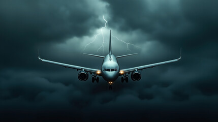 Front view of an airplane flying through stormy clouds with lightning in the background. The aircraft's lights are on, illuminating the dark, turbulent environment.