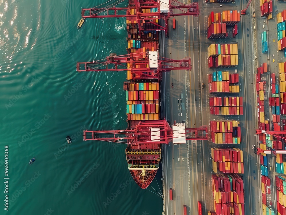 Poster aerial view of a massive container ship at a bustling port towering cranes stacked containers and bu