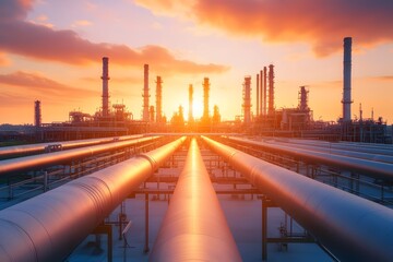 Dramatic sunset over a vast industrial oil refinery with towering distillation columns and an extensive network of pipelines stretching into the distance