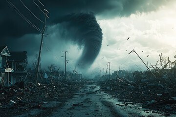 Fototapeta premium A powerful tornado looms ominously over devastated landscape, showcasing aftermath of severe weather event. scene captures destruction, debris, and dark, swirling sky, evoking sense of chaos and urgen