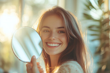 Young woman smiles happily while holding a mirror in a cozy home filled with sunlight, radiating peace and contentment. She exudes joy and self-care, embodying a boho style