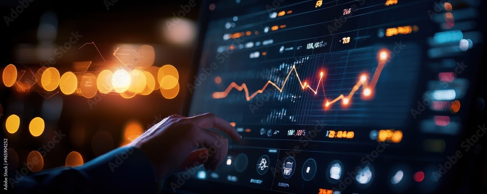 Poster a close-up of a hand interacting with a digital screen displaying stock market data and graphs in a 
