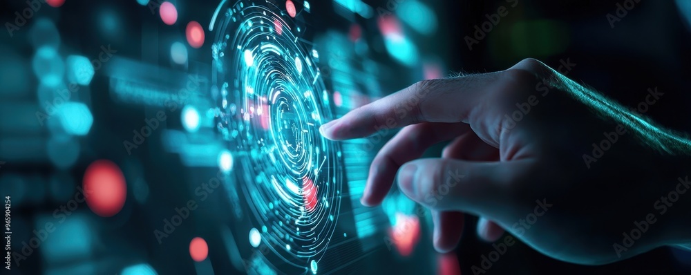 Poster a close-up of a hand interacting with a futuristic digital interface featuring glowing graphics and 
