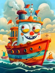 Whimsical Anthropomorphic Seafaring Vessel with Cheerful Cartoon Style in Coastal Landscape