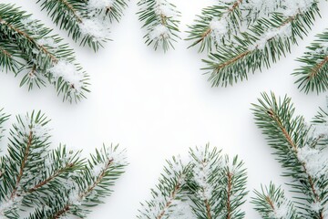 Obraz premium Snow-covered pine branches on a white background, winter and Christmas theme, minimalistic design