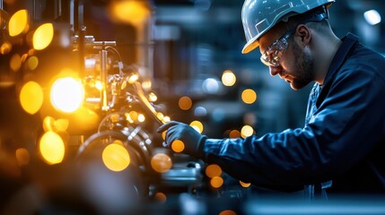 A focused engineer working on machinery in a well-lit industrial environment, showcasing safety and precision in his craft.