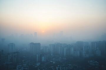 image captures hazy cityscape at sunrise, highlighting impact of smog and air pollution on urban life. soft colors of sky contrast with dense fog enveloping buildings, evoking sense of concern for re