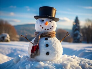 Fototapeta premium Frozen snowman with top hat