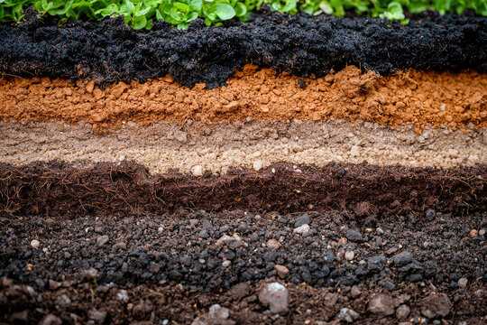 Soil layers with different fertilizer types showcase rich variety of textures and colors, highlighting importance of soil health in agriculture. This image captures intricate details of soil compositi