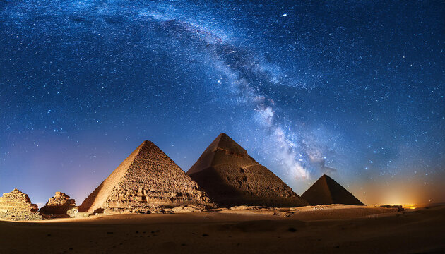 Egyptian pyramids illuminated under starry night sky. Milky Way above ancient monuments. - Powered by Adobe