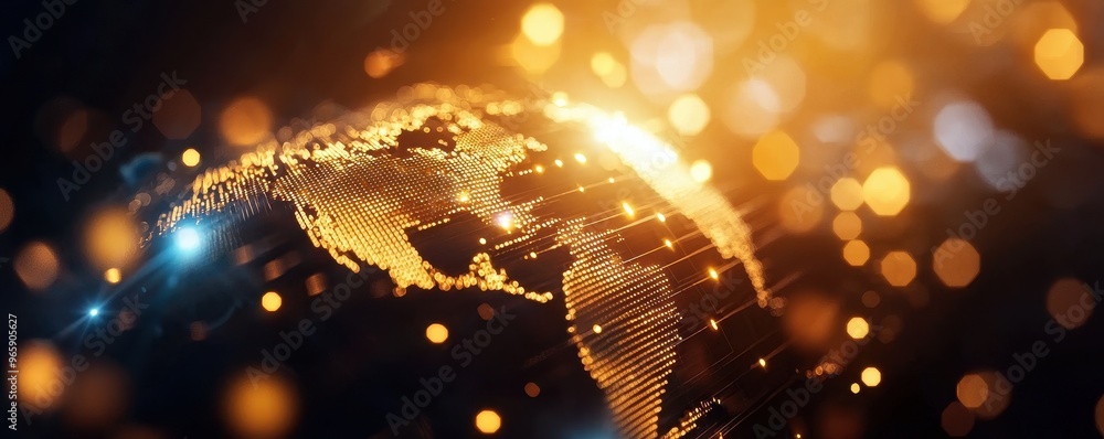 Poster a stunning abstract representation of the world, illuminated with bright golden light and digital da
