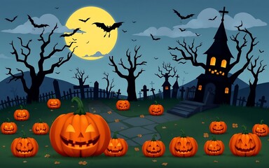 Spooky Halloween pumpkins and a haunted church under a full moon, perfect for spooky season designs. 
