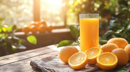 A tall glass of orange juice with whole and halved oranges placed around it, sitting on a rustic wooden table in a sunlit room