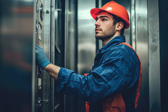 Technician performing routine maintenance on an elevator, wearing hard hat and gloves, focused on control panel. environment is industrial and professional, showcasing safety and expertise