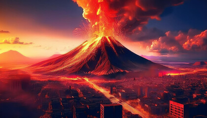 都市で火山が大噴火を起こした風景