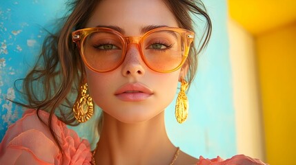 A woman wearing a yellow pair of glasses and gold earrings