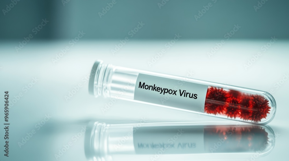 Poster close-up of a test tube labeled 'monkeypox virus' with red virus particles inside. symbolizing viral