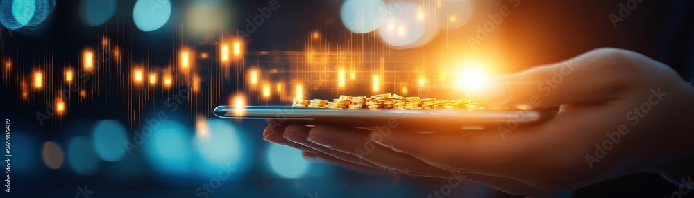 Poster captivating image of a hand holding a smartphone with glowing data visualization, symbolizing techno