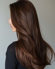 Naklejka premium Woman with Long Chocolate Brown Hair and Chestnut Highlights Against Neutral Background
