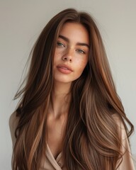 Woman with Long Chocolate Brown Hair and Chestnut Highlights Against Neutral Background

