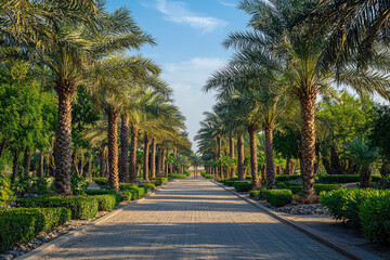 Obraz premium Al Ain Oasis features serene pathway lined with lush palm trees, creating tranquil atmosphere perfect for leisurely strolls. vibrant greenery and clear blue sky enhance peaceful ambiance