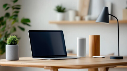 A clean, modern home office desk setup with a laptop, stylish lamp, plant, and sleek accessories in a bright space.