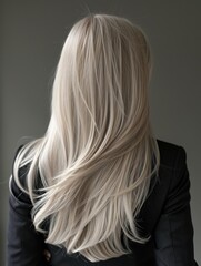 Naklejka premium Woman with Long Platinum Blonde Hair and Silvery Shine Against Minimalist Dark Background