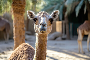 Obraz premium A close up of camel showcasing its unique features and expressive face in natural setting. warm sunlight highlights its fur and surroundings, creating serene atmosphere