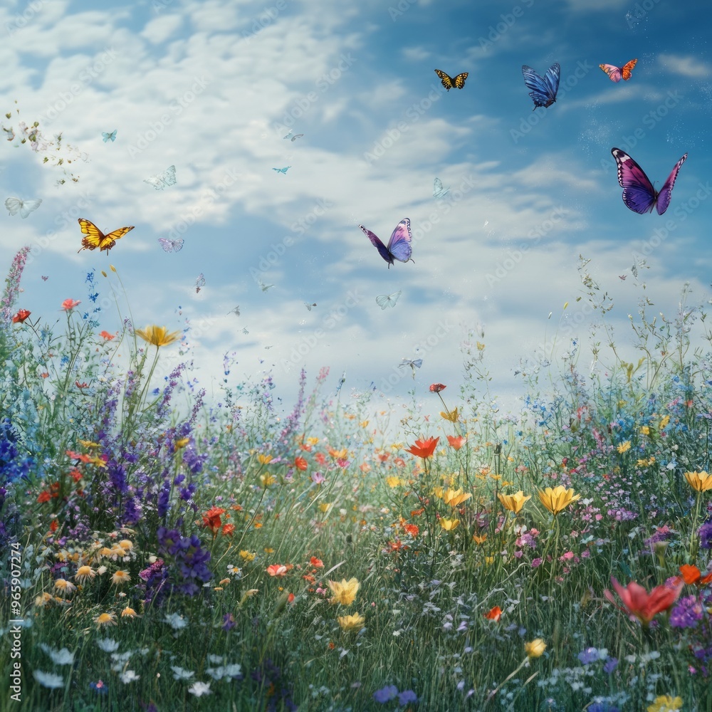 Wall mural Colorful meadow with butterflies and a cloudy blue sky.