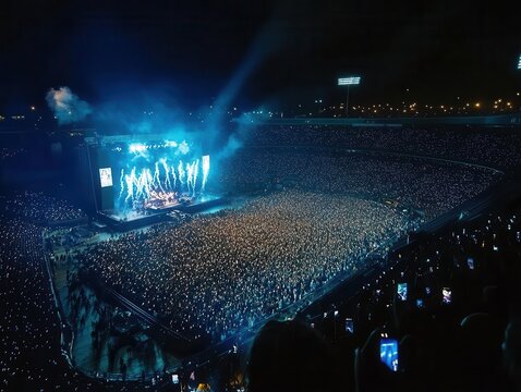 aerial view of packed stadium during night concert dazzling light show pyrotechnics illuminating sky sea of glowing smartphones in crowd